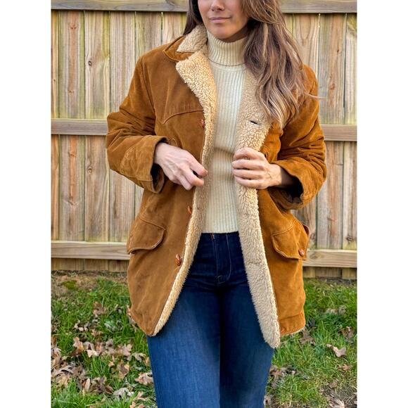 Schott western suede shearling coat jacket made in USA caramel brown vintage - Picture 5 of 12